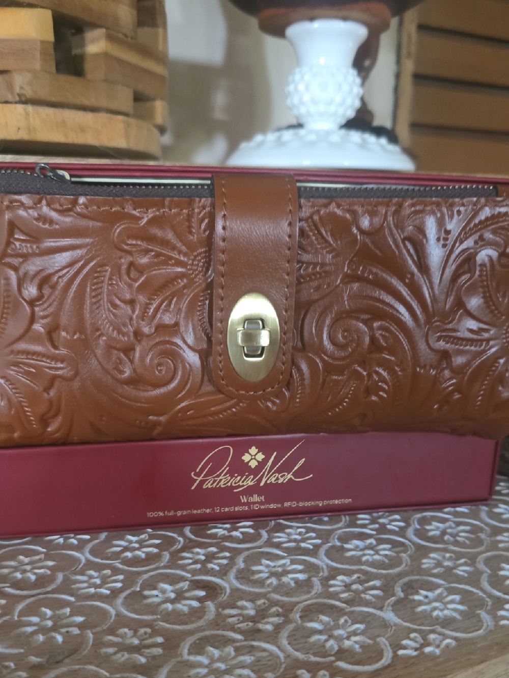 Patricia Nash Brown Tooled Leather Wallet with Gold Turn-Lock